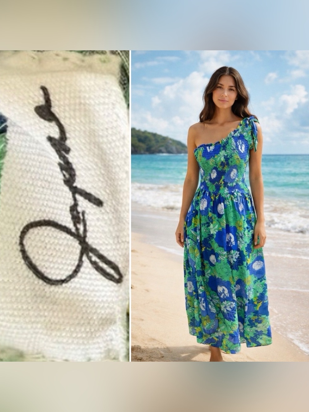 Japana Women's Blue Green Floral One Shoulder Smocked Maxi Dress